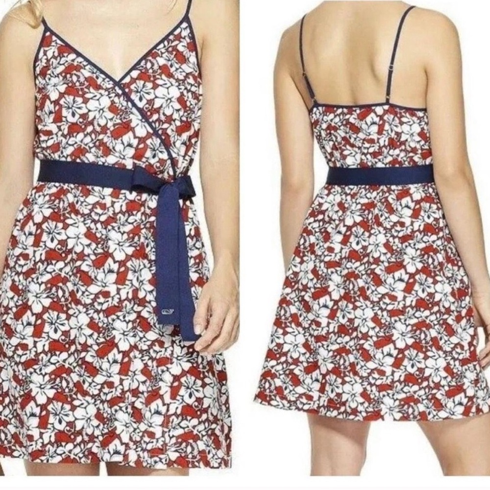 Vineyard Vines Red White Floral Mini Dress with Navy Trim